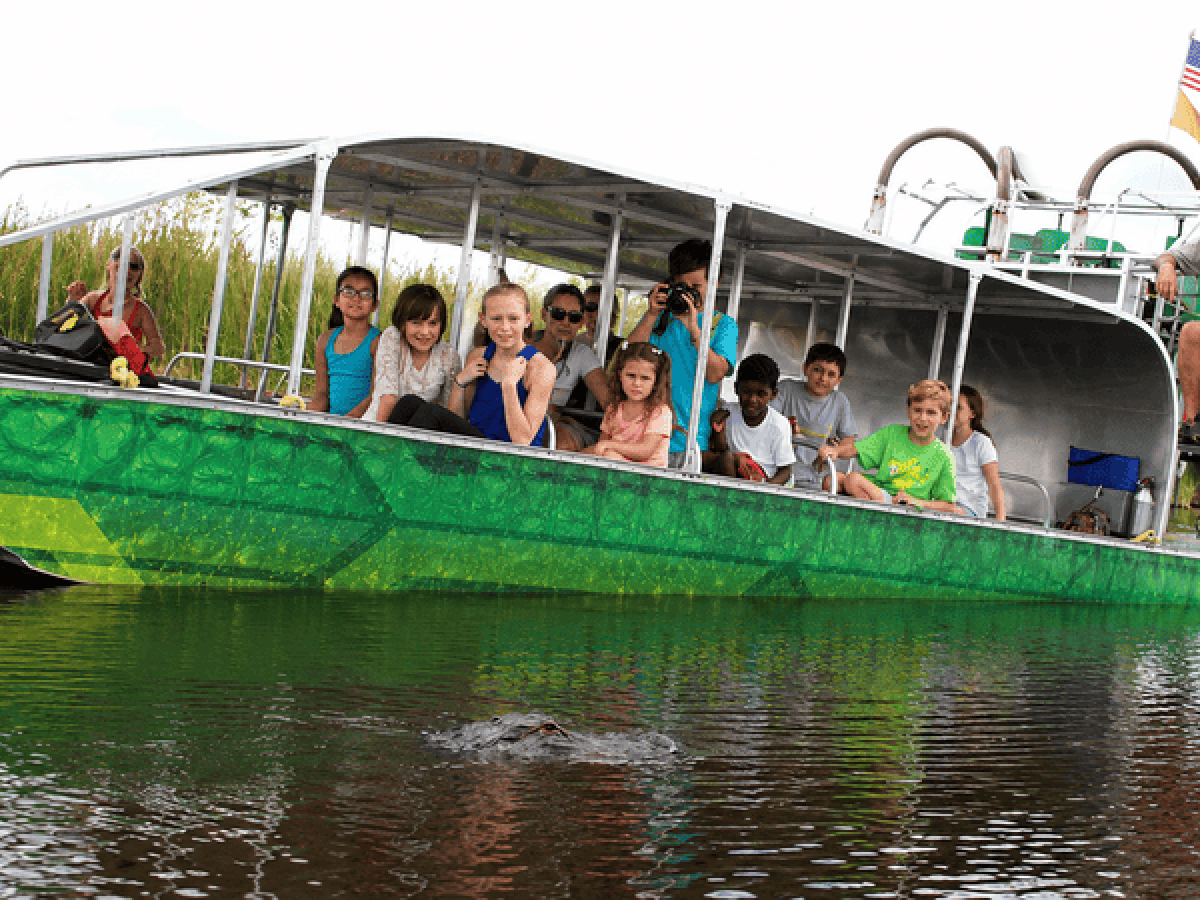 Group of people on an airboat in a swampy area with tall grass, an American flag, and water visible.