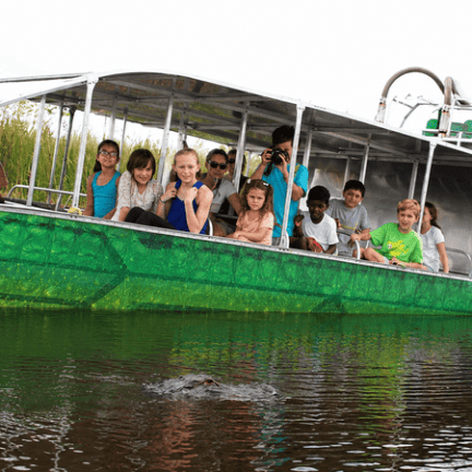 Group of people on an airboat in a swampy area with tall grass, an American flag, and water visible.