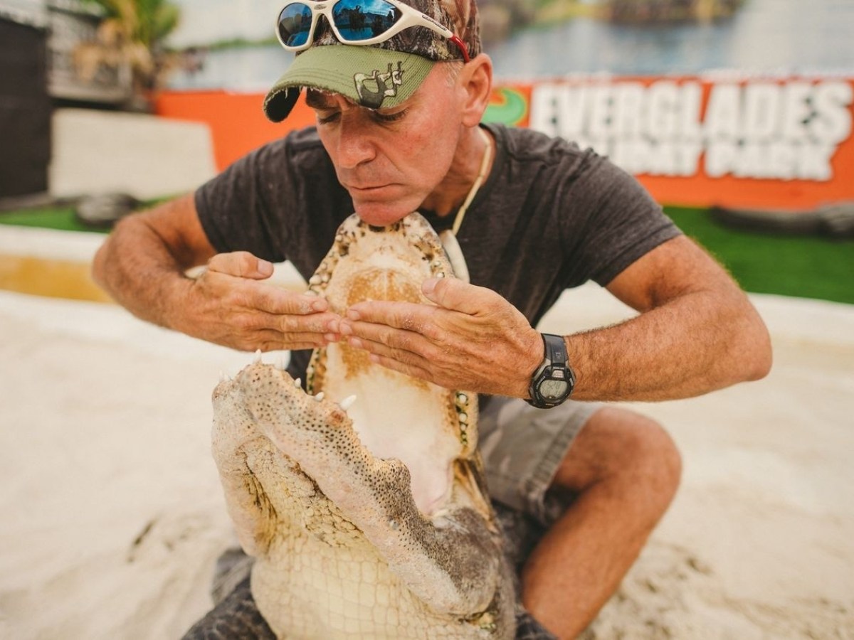 Person displays open mouth of large crocodile outdoors.