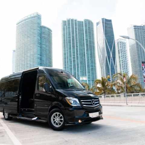 Black van parked on city street with tall skyscrapers in the background.