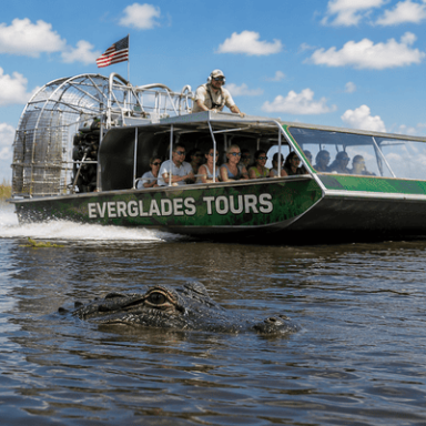 Airboat with tourists in Everglades, alligator in foreground, cloudy sky.