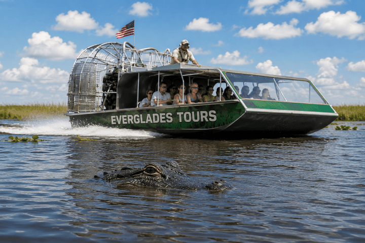 Airboat with tourists on a swamp, alligator partially visible in foreground.