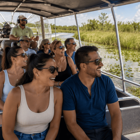 Group enjoying an airboat tour in a swamp with lush greenery.