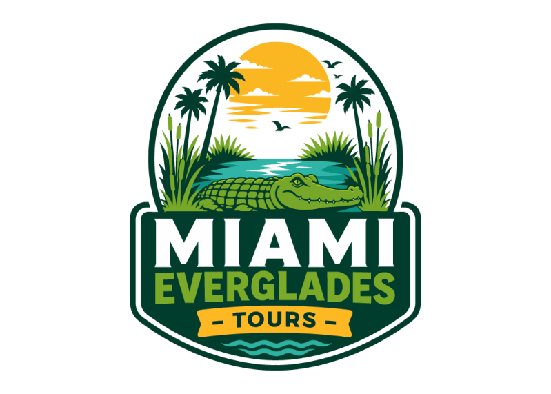 Miami Everglades Tours logo with alligator, palm trees, and sun.