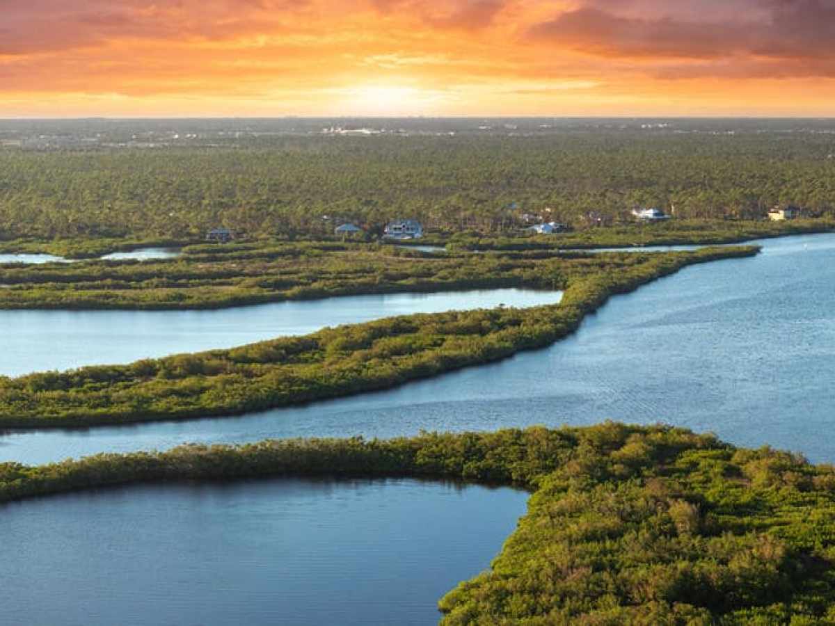 Aerial view of river with green islands at sunset.